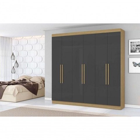 Guarda Roupa Livorno 6 Portas de Bater 2 Gavetas MDP Atacama Grafite Aramóveis 230cm