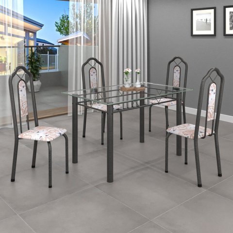 Conjunto de Mesa 120x75cm Tampo Vidro com 4 Cadeiras Bianca Cinza/Botanic Bege/Mart Prata/Incolor