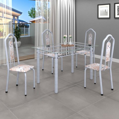 Conjunto de Mesa 120x75cm Tampo Vidro com 4 Cadeiras Bianca Branco/Botanic Bege/Mart Pérola/Incolor