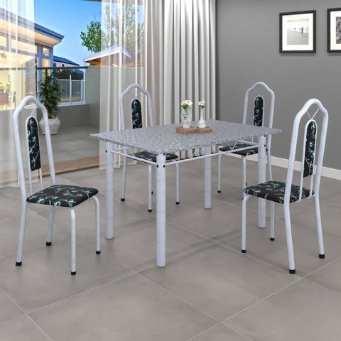 Conjunto de Mesa 120x75cm Tampo Granito com 4 Cadeiras Bianca Branco/Preto Floral/Mart Pérola