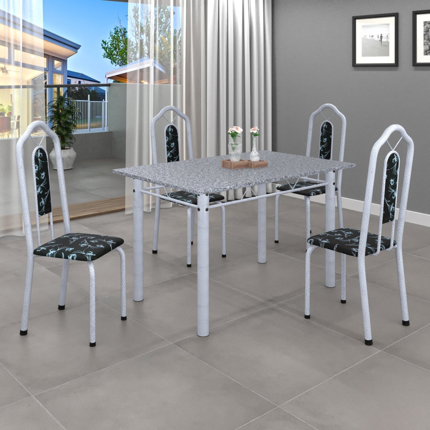 Conjunto de Mesa 120x75cm Tampo Granito com 4 Cadeiras Bianca 