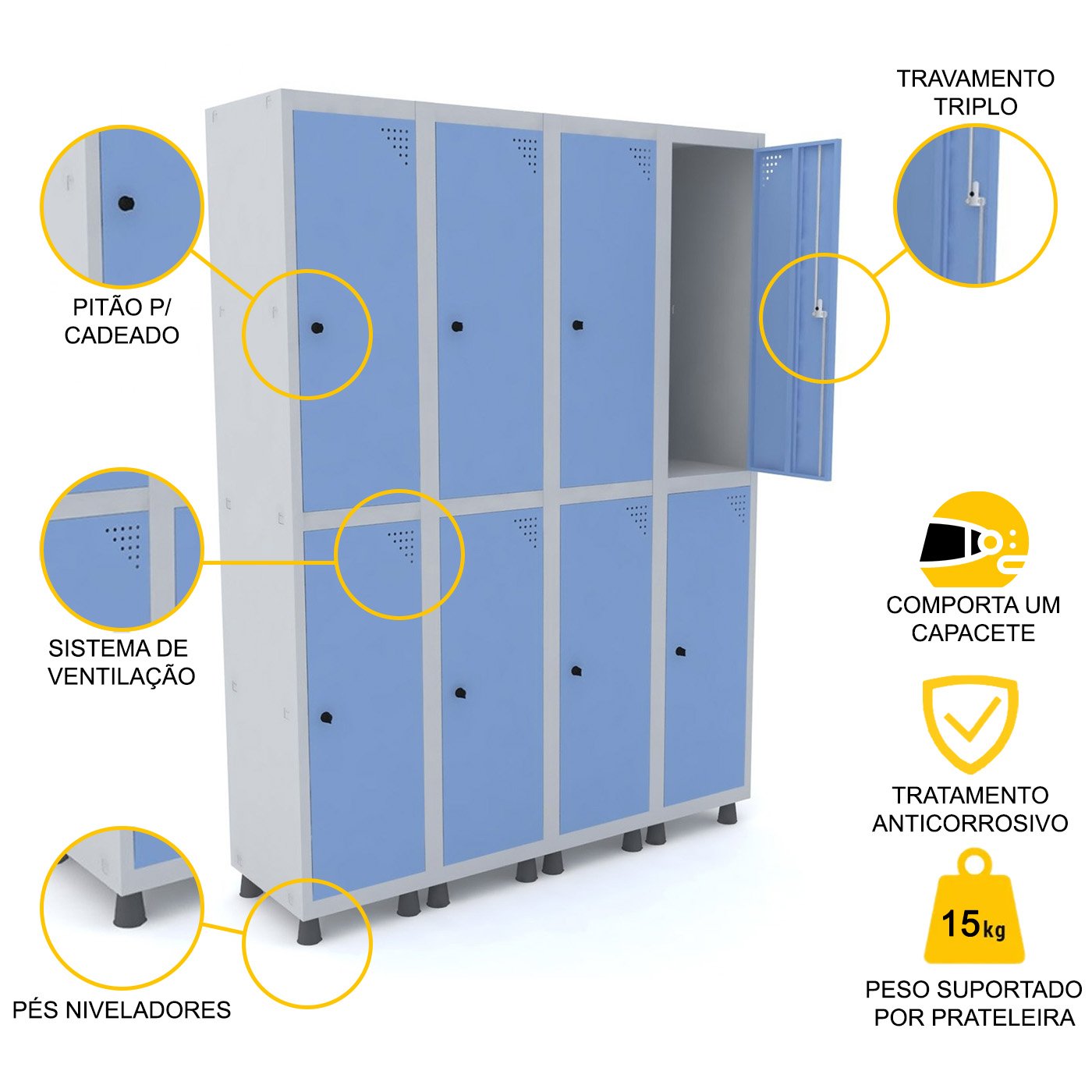 ROUPEIRO DE AÇO 4M 08 PORTAS PITÃO PANDIN - CINZA/AZUL DALÍ GRP 504/8 DI - 3