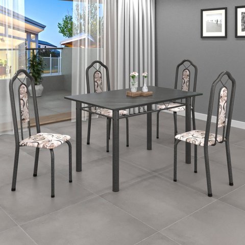 Conjunto de Mesa 120x75cm Tampo Ardósia com 4 Cadeiras Bianca Cinza/Arabesco/Mart Prata/Indiano