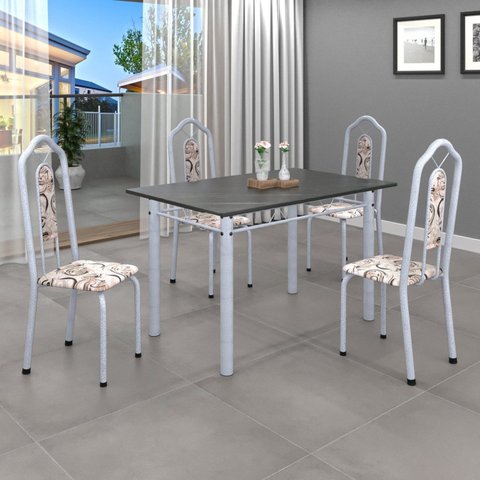 Conjunto de Mesa 120x75cm Tampo Ardósia com 4 Cadeiras Bianca Branco/Arabesco/Mart Pérola/Indiano