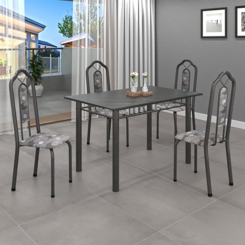Conjunto de Mesa 120x75cm Tampo Ardósia com 4 Cadeiras Bianca Cinza/Paraopeba/Mart Prata/Indiano