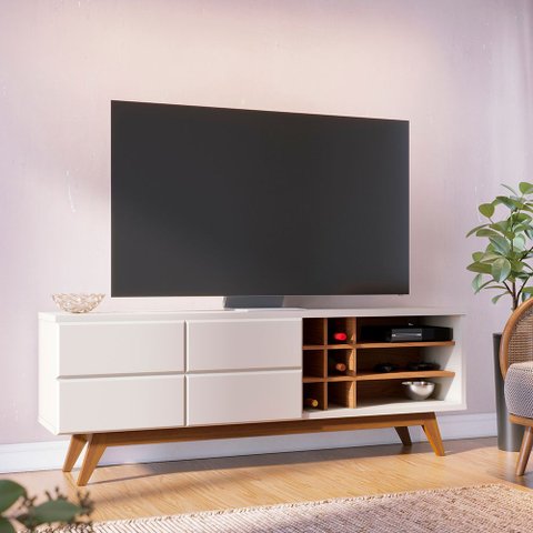 Rack para TV até 70 Polegadas 180cm Pés em Madeira Maciça 2 Portas Noronha Branco