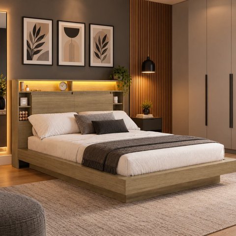 Cama Queen/Casal com Cabeceira e Nicho com LED Móvel na Caixa
