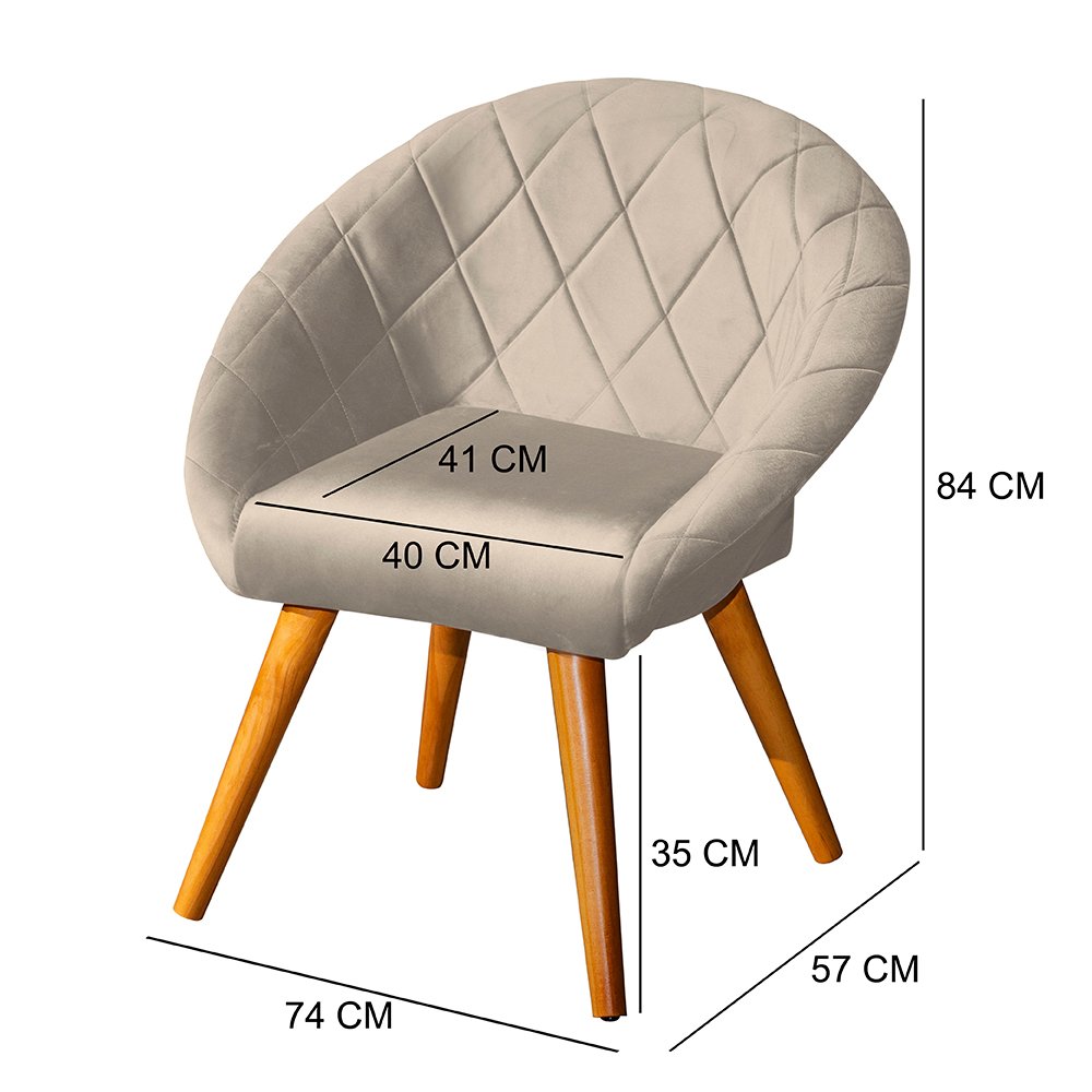 Poltrona Decorativa Canastra em Veludo Pé Madeira Maciça - Bege - 4