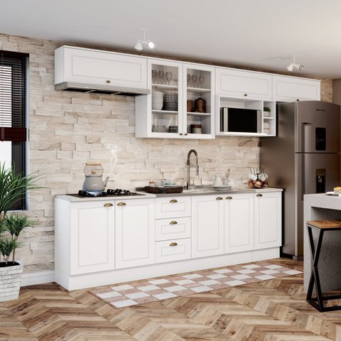 Cozinha Compacta Modulada 8 Peças com Balcão e Tampo para Cooktop Emily Espresso Móveis Branco/HP/Calcare