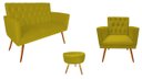 Ver imagem 1 de Kit Namoradeira + 1 Poltrona Decorativa Nina Capitonê + Puff Redondo Couro Amarelo Pés Madeira Ms De