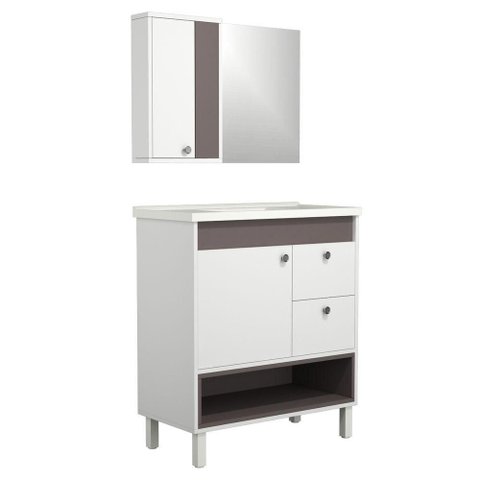 Conjunto Gabinete de Banheiro Istambul 1 Porta 1 Prateleira MDF - MDP 15mm 80cm Branco com Havana
