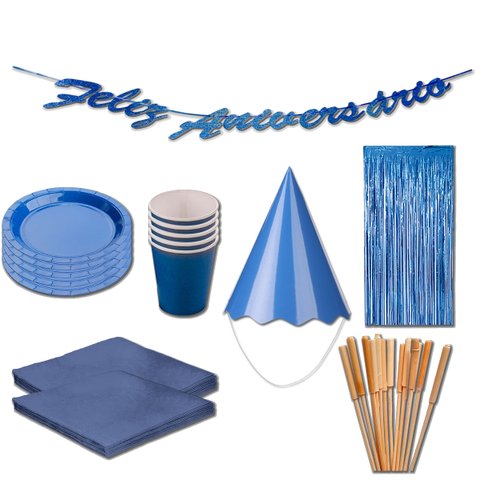 Kit Festa com Faixa, Palito para Petiscos, Cortina, Prato Copo Guardanapo Chapéu de Papel Silverfest