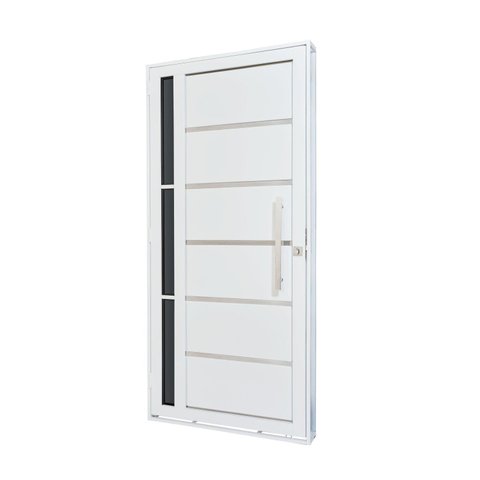 Porta de Aço Lambri 215x100cm com Friso e Puxador Inox Vidro Lateral Fumê Batente 12cm Qualitysol Ra