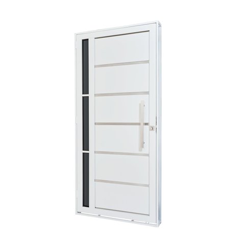 Porta de Aço Lambri 215x100cm com Friso e Puxador Inox Lateral Vidro Fumê Batente 12cm Qualitysol Ra