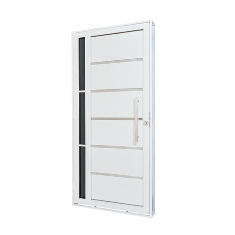 Porta de Aço Lambri 215x100cm com Friso e Puxador Inox Lateral Vidro Fumê Batente 12cm Qualitysol Ra