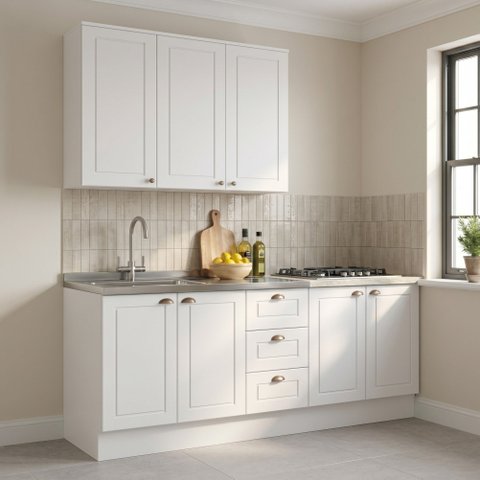 Cozinha Compacta Modulada 3 Peças 100% MDF com Balcões e Tampo com Furo Cooktop Branca/Calcare Emily