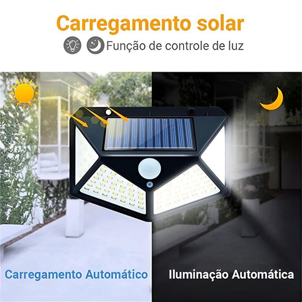 Luminária Solar de Parede 100 Leds de Luz Branca Lâmpada com Sensor de Movimento Jardim e Quintal - 5