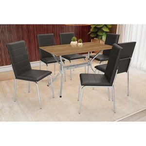 Conjunto: Mesa de Cozinha Loire C/ Tampo de Madeira 160cm e 6 Cadeiras Amsterdã Cromada/preto -