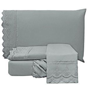 Jogo de Lençol Casal Bordado Inglês Lauren 3 Peças Chumbo