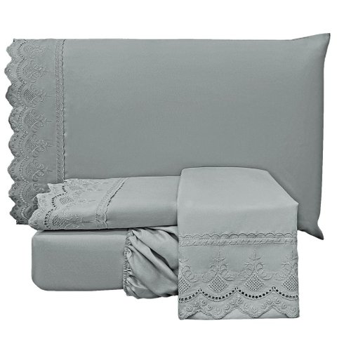 Jogo de Lençol Casal Bordado Inglês Lauren 3 Peças Chumbo