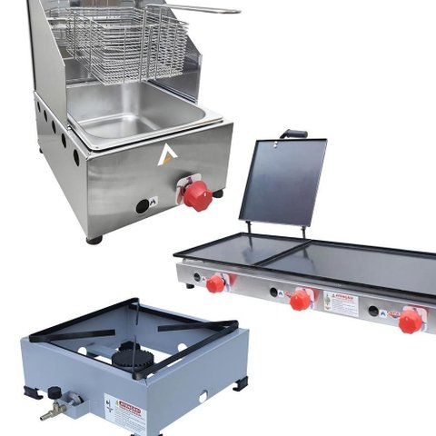 Kit Lanchonete Fogão Portátil 1 Boca + Chapa 90cm com Prensa e Fritadeira Profissional 1 Cuba