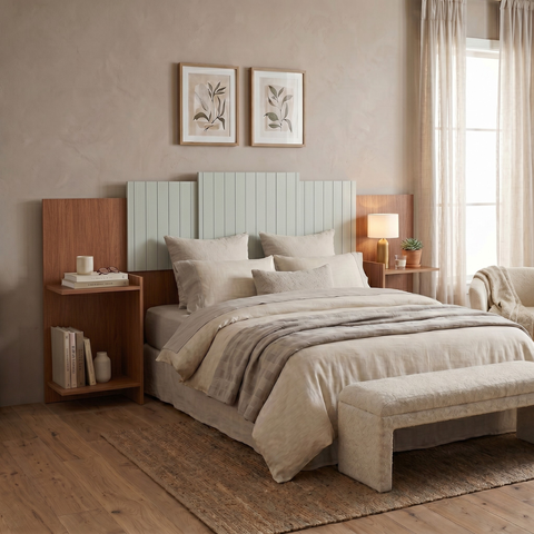 Cabeceira Torino Casal Queen 100% MDF Ajustável 2 Mesas de Cabeceiras Integrados - Nature/Offwhite