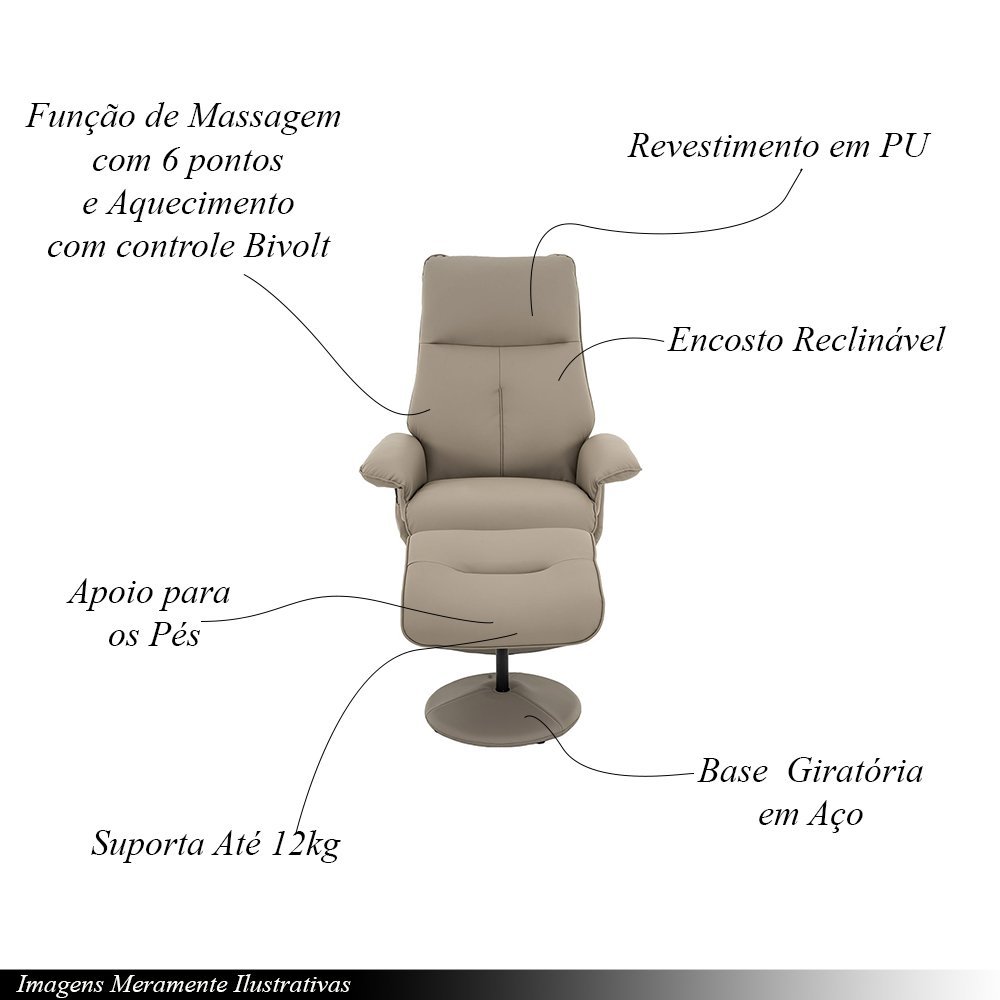 Poltrona de Massagem Reclinável e Giratória Arizona com Apoio de Pés Pu Fendi G56 - Gran Belo - 3