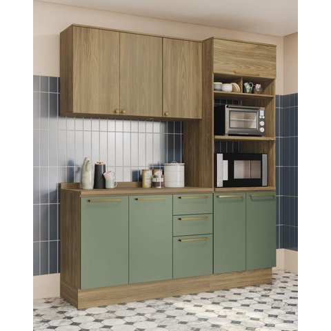 Armário de Cozinha Modulada Completa Reta 4 Peças 1,90m Botanic Kappesberg - Nogueira/verde Oliva