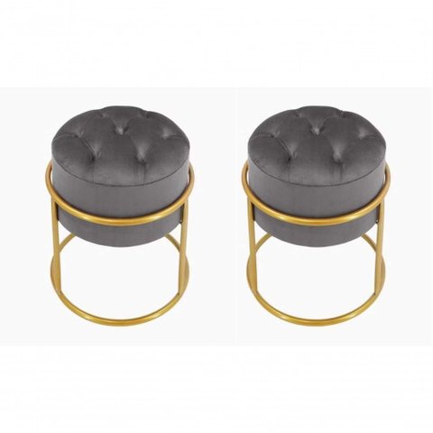 Kit 2 Puff Banqueta Estofado Decorativo Base de Ferro Capitonê Suede Grafite do Lar Móveis e