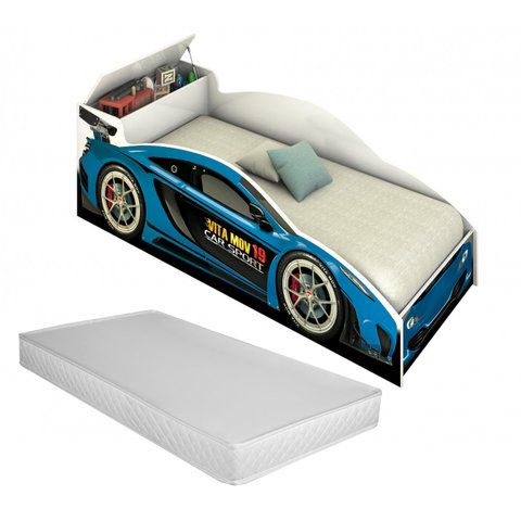 Cama Infantil Carro Baú Quarto Criança Montessoriana Grade Conforto Proteção com Colchão Cor Azul