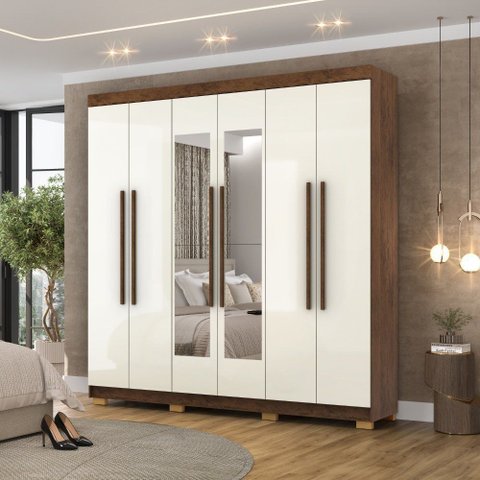 Guarda Roupa Roupeiro Casal Elegance com Espelhos 06 Portas 02 Gavetas Imbuia Champanhe Vila Rica