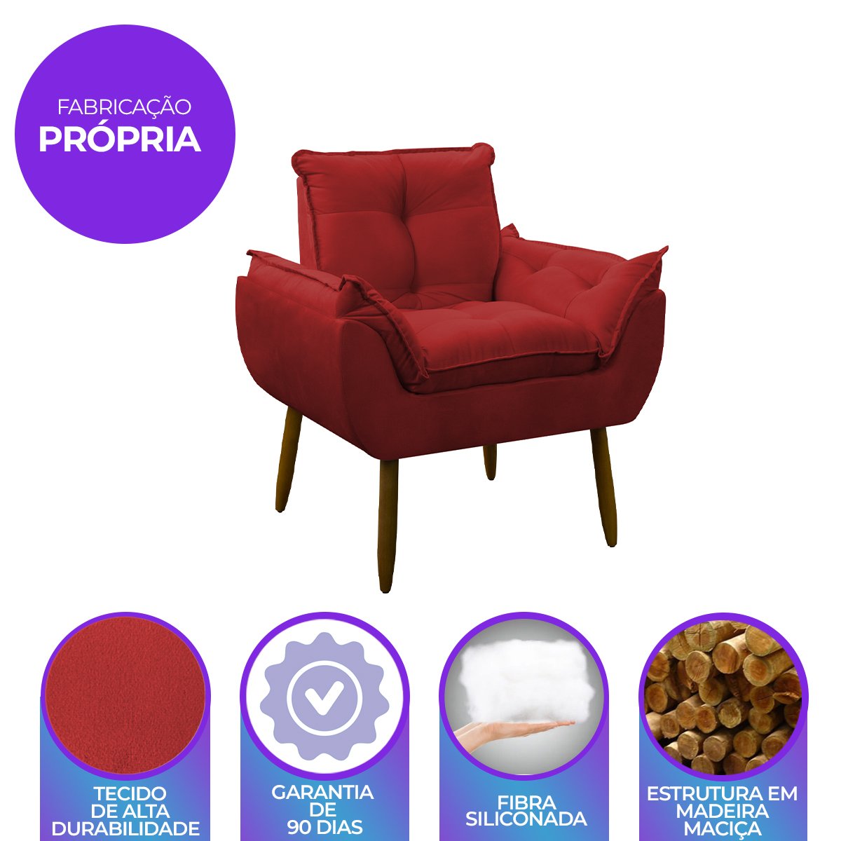 Poltrona Decorativa Sala de Estar Escritório Quarto Prime: Vermelha - 6