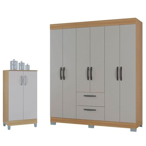 Guarda Roupa Casal Tóquio 6 Portas com Armário Multiuso 2 Portas Pequeno Damasco Off White -
