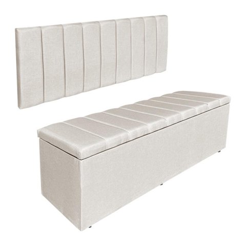 Kit Cabeceira Painel e Calçadeira Recamier Baú Solteiro 0,90m Holanda Linho Bege - Pallazio