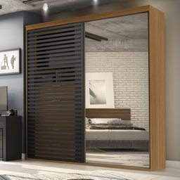 Guarda Roupa Ripado com Espelho Mdf 2 Portas 2,07m Autes Belmax:freijó/preto - 2