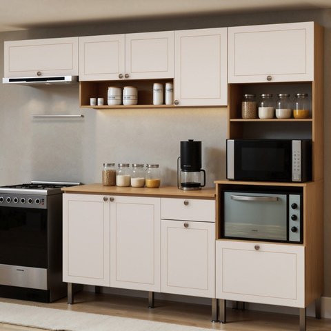 Cozinha Modulada 5 Peças em MDF com Torre Quente Detalhe Americano Frisado Frizz Branco/Cinamomo Fosco
