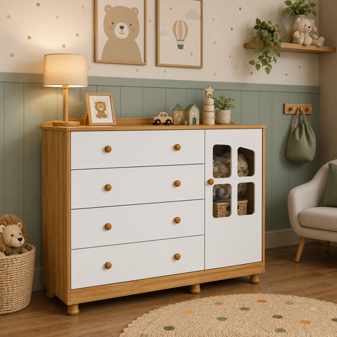 Cômoda Infantil Elô Peroba Branco Amêndoa MDF 1 Porta Vidro