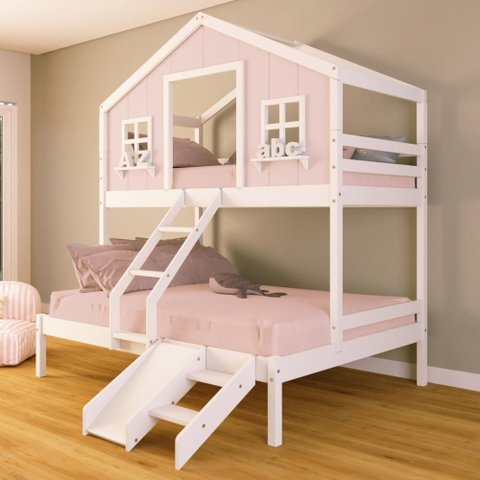 Beliche Casal/ Solteiro Casinha Dos Sonhos com Escada/ Escorregador Madeira Maciça Rosa/ Branco