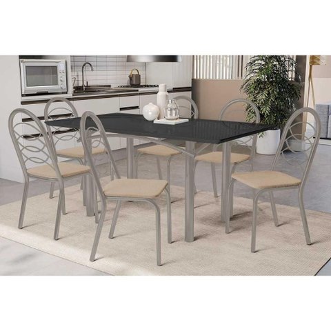 Sala de Jantar Completa Elba Tampo Madeirado C/ Vidro 160cm e 6 Cadeiras Holanda Niquel/preto -