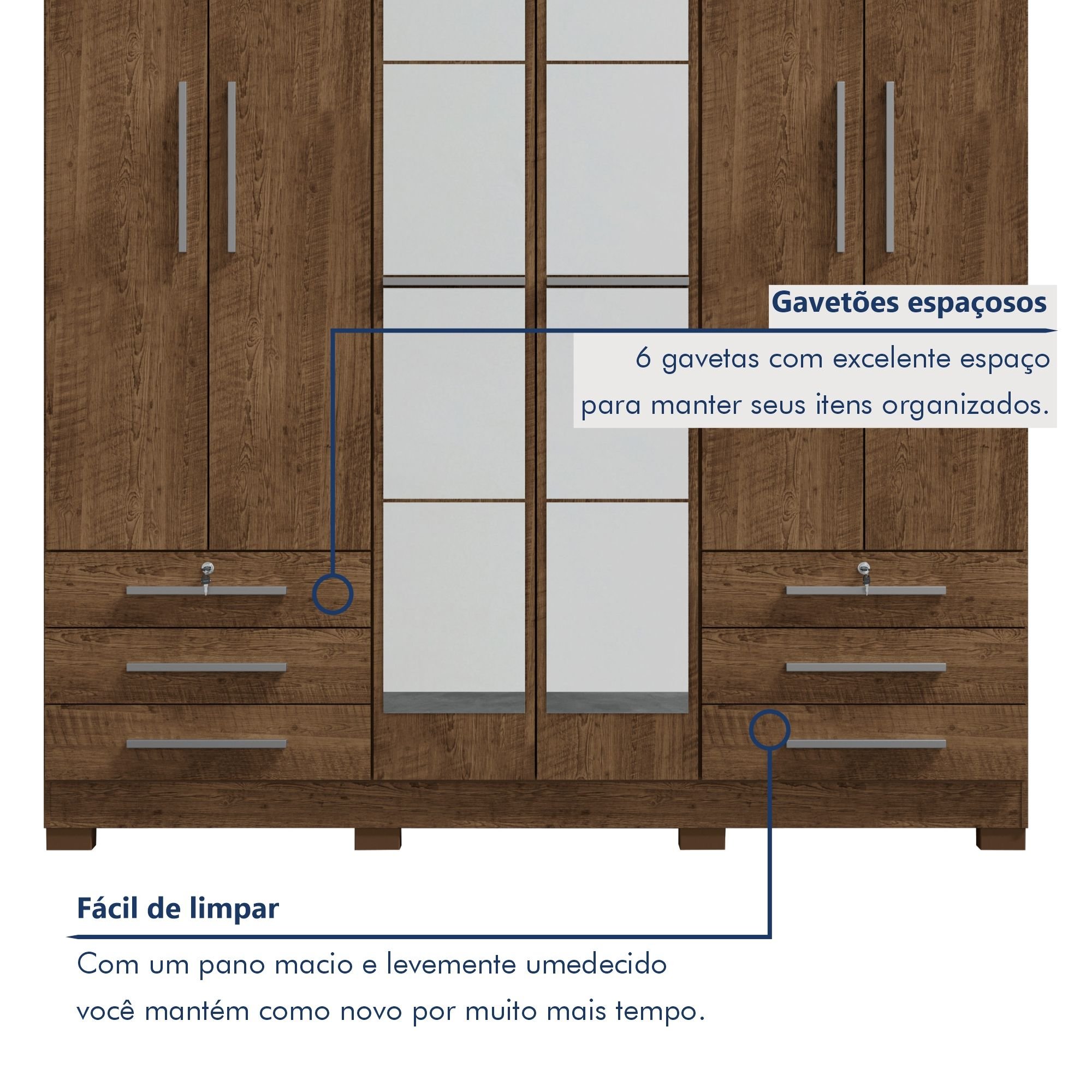 Guarda-roupa 6 Portas 6 Gavetas com Espelho Floripa - 4