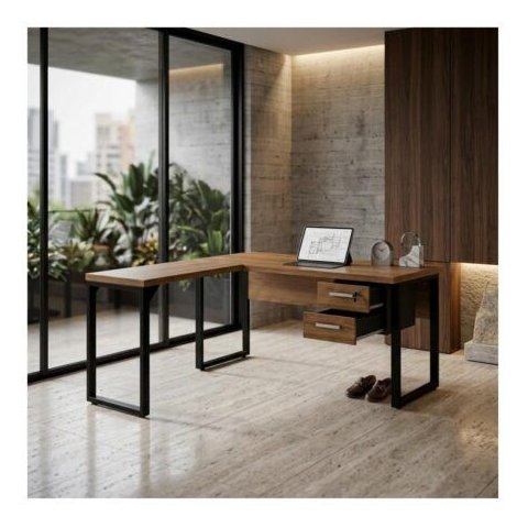Mesa em L (Mesa 1,70m + Mesa Auxiliar) c/ Gavetas Workstart Nogal Sevilha/Preto 24479