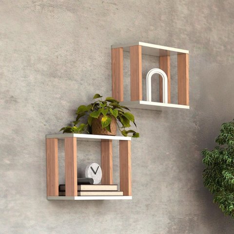 Nichos Industriais 30cm 2 Unidades Dalla Costa 100% Mdf Cor:off White com Freijó