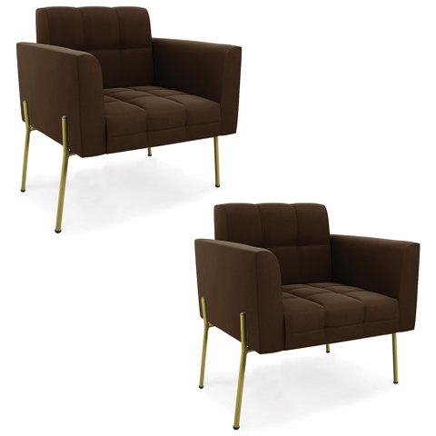 Poltrona para Sala Pé Metal Dourado Kit 2 Ana Suede Marrom - Ibiza