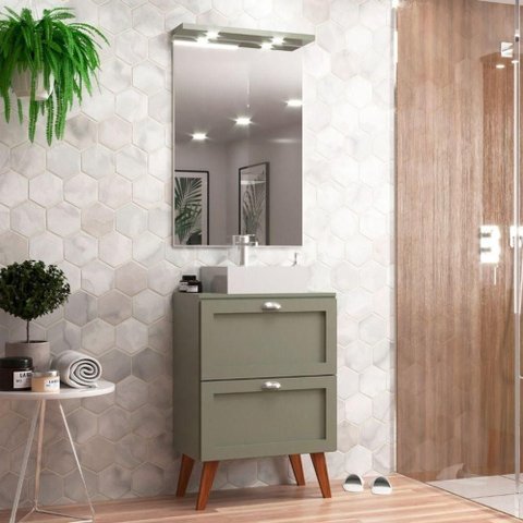 Gabinete para Banheiro com Tampo Cuba e Espelho 60cm Retro Mdf Verde Milano - On Móveis