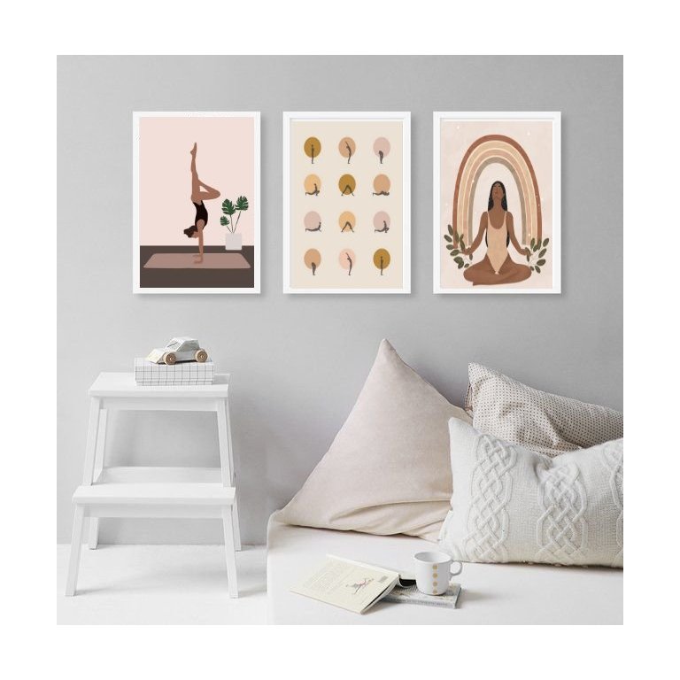 Kit 3 Quadros Decorativos Yoga- Posições 33x24cm - com Vidro:madeira Branca