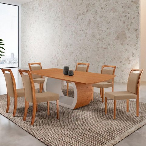 Mesa Zeus 180cm Tampo Laminado Canto Barril com 6 Cadeiras Linho Palha Imbuia Natural