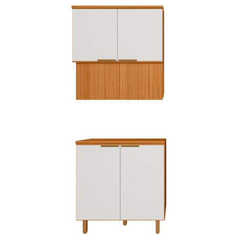 Balcao com Tampo e Armario Aereo 80 cm MDF Bari Freijo Off Acetinado Poliman