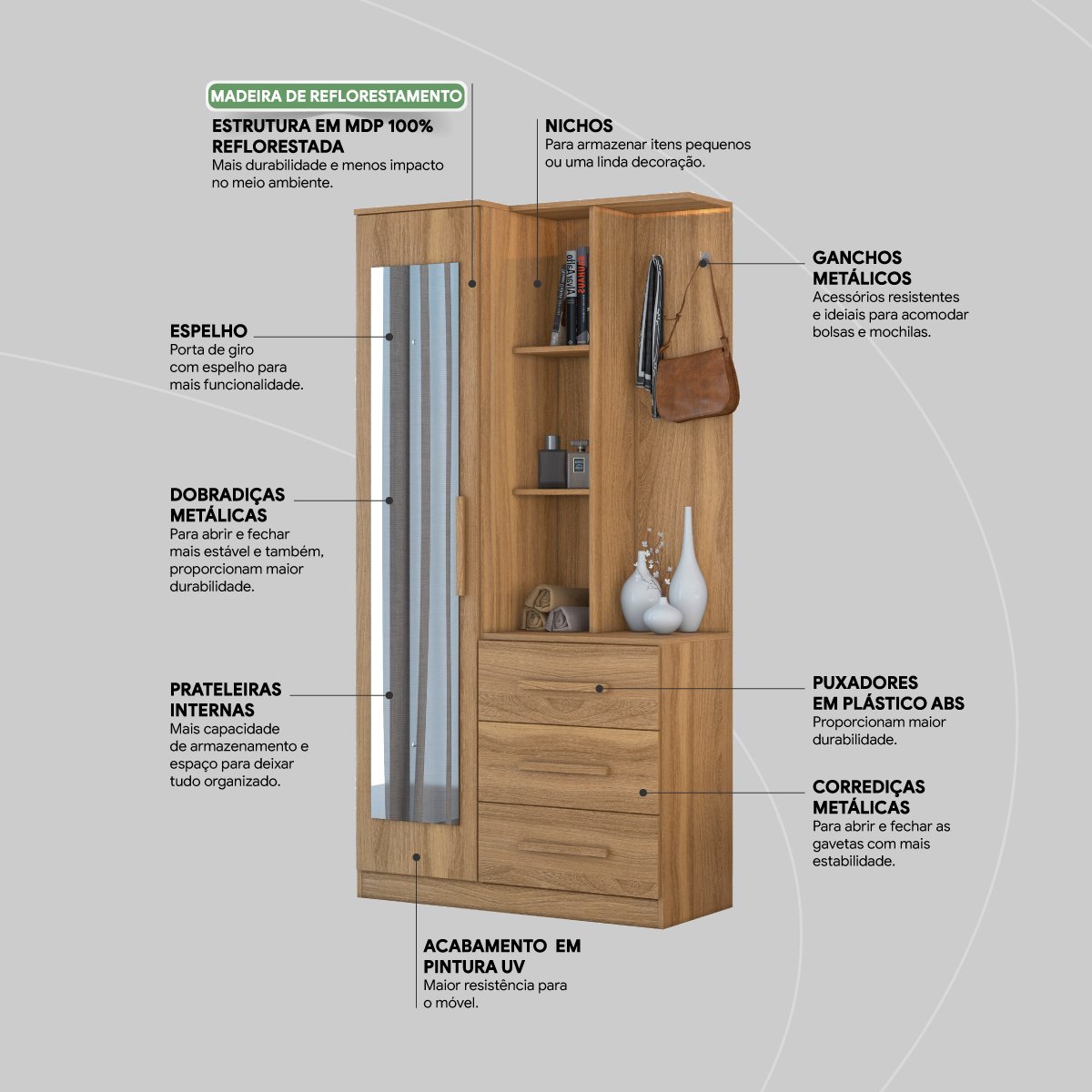 Armário Multiuso com Espelho 1 Porta 3 Gavetas Brisa Demóbile