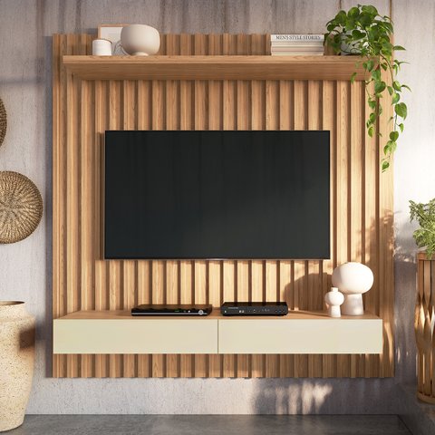 Painel Ripado Mdf para Tv 1,78 X 1,83m com 02 Gavetas Tb181 Pradel Móveis-freijó/off White