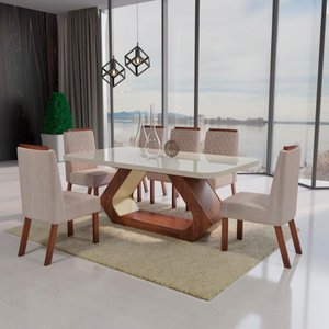 Sala de Jantar 160x80 Lottus Mdf/vidro 6 Cadeiras Bom Pastor Amêndoa/bege